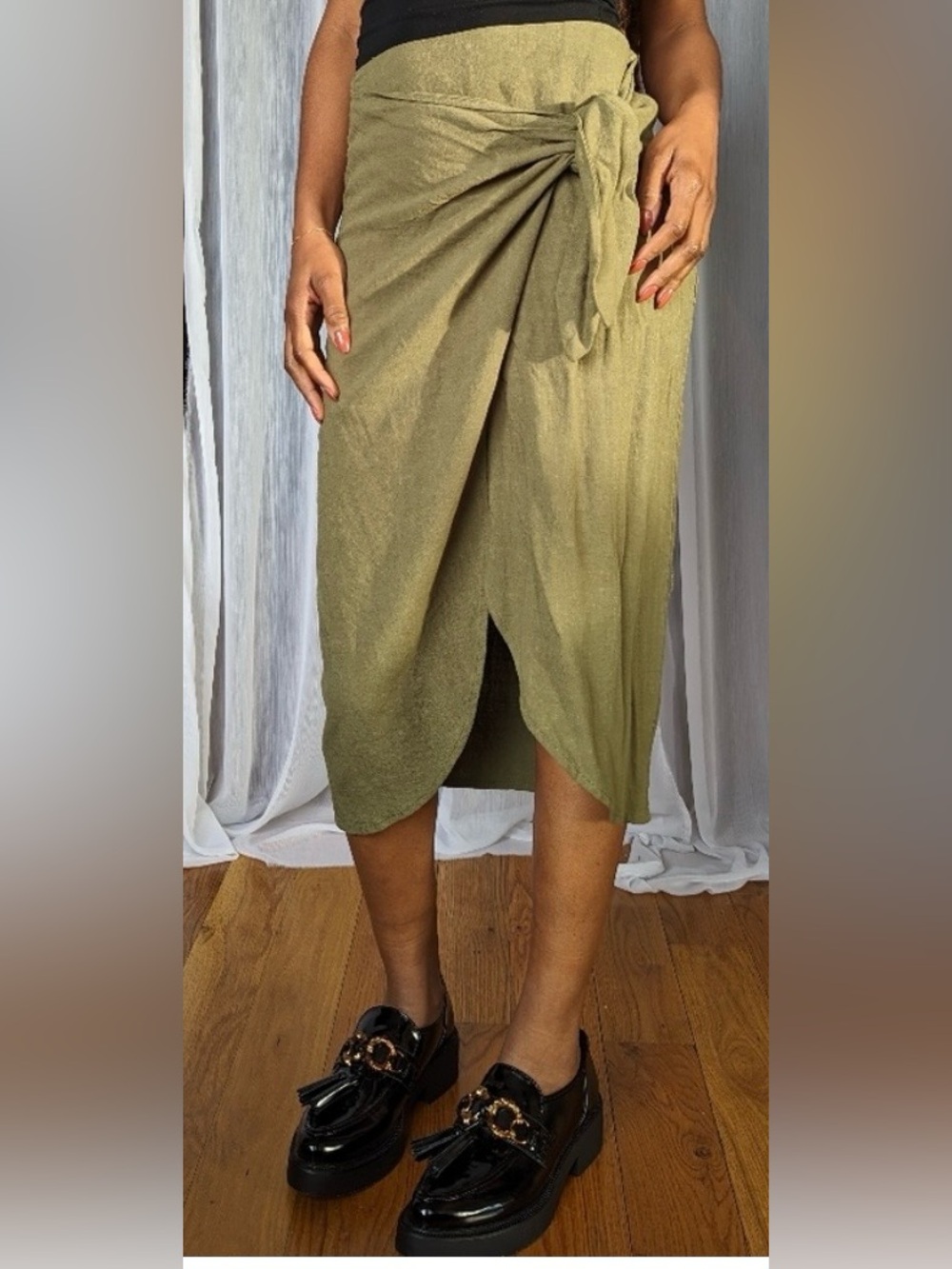 Eye to Eye green linen blend wrap skirt